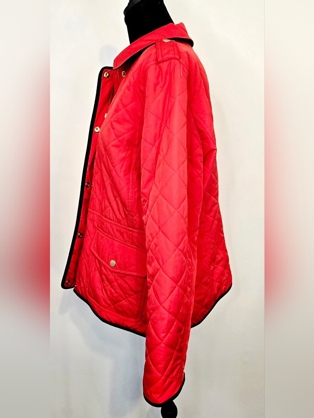 Talbots Red Quilted Jacket Navy Trim Gold Snap Preppy Coastal Coat Old Money - Picture 10 of 12